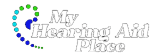 Logo with the text My Hearing Aid Place next to a stylized ear shape made of blue and green dots.